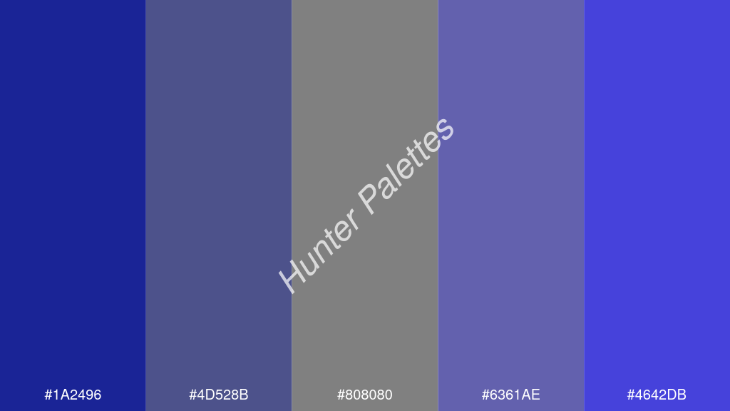 szürke szín palettája a következőkkel: #1a2496 #4d528b #808080 #6361ae #4642db