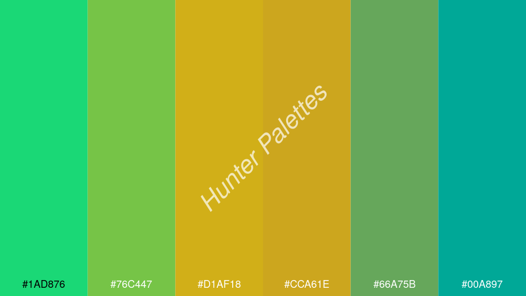 narancssárga szín palettája a következőkkel: #1ad876 #76c447 #d1af18 #cca61e #66a75b #00a897