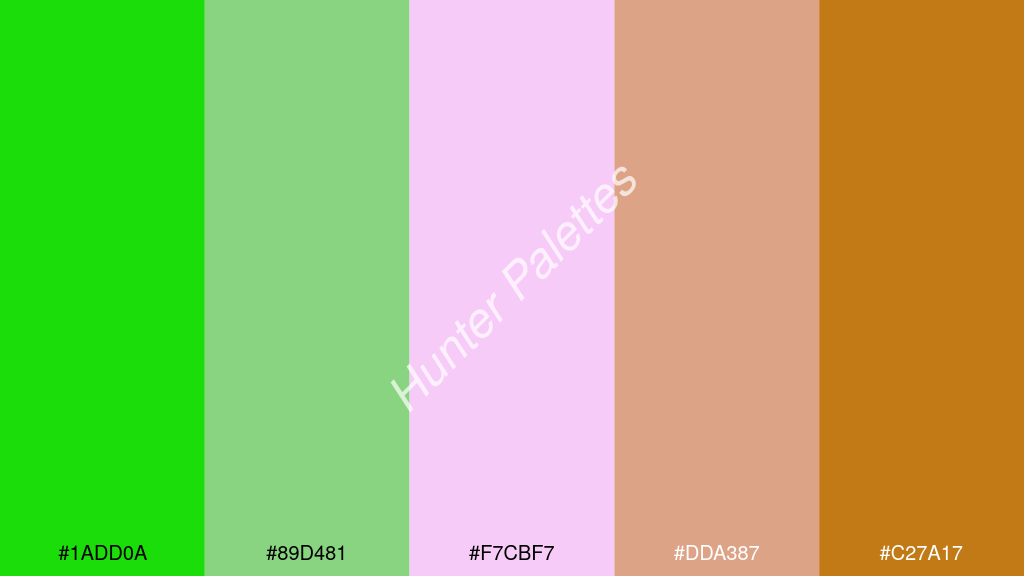 világos rózsaszín szín palettája a következőkkel: #1add0a #89d481 #f7cbf7 #dda387 #c27a17