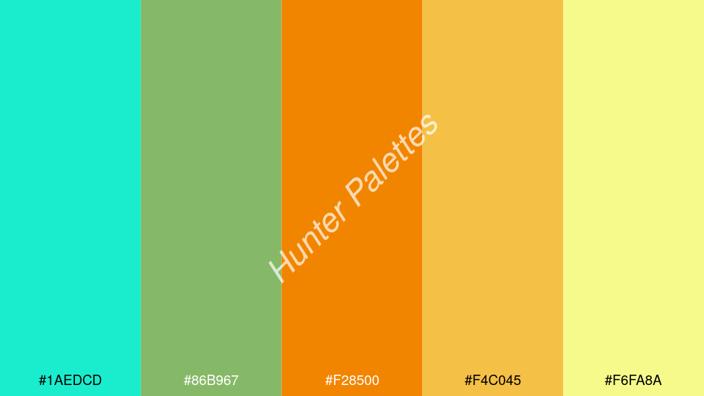 mandarin szín palettája a következőkkel: #1aedcd #86b967 #f28500 #f4c045 #f6fa8a