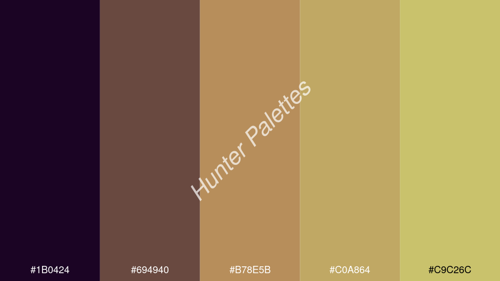 kalua szín palettája a következőkkel: #1b0424 #694940 #b78e5b #c0a864 #c9c26c
