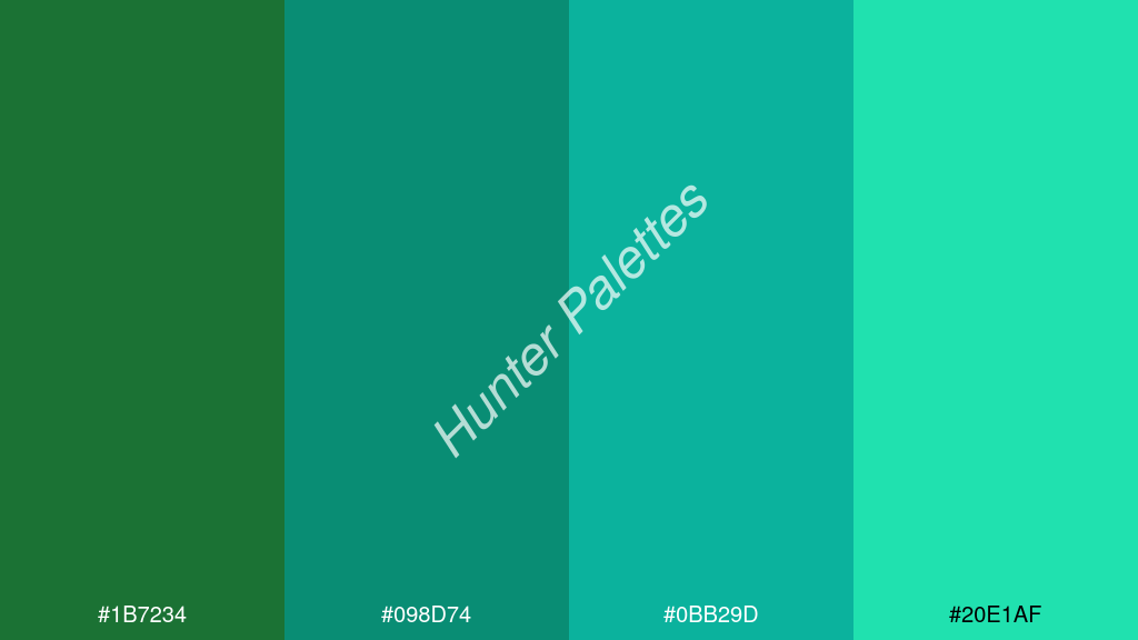 kékzöld szín palettája a következőkkel: #1b7234 #098d74 #0bb29d #20e1af