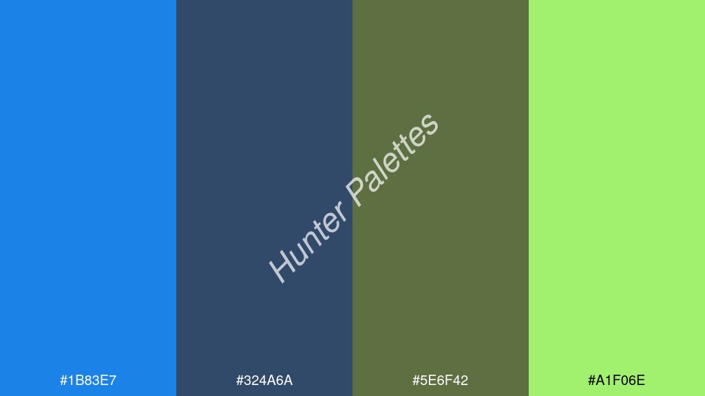 wenge szín palettája a következőkkel: #1b83e7 #324a6a #5e6f42 #a1f06e