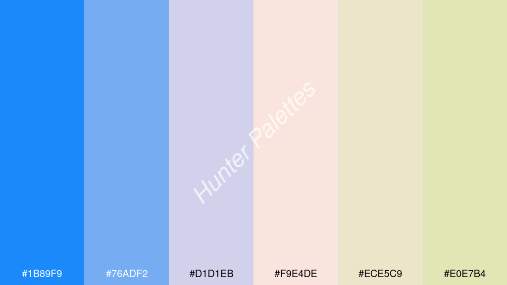 halvány rózsaszín szín palettája a következőkkel: #1b89f9 #76adf2 #d1d1eb #f9e4de #ece5c9 #e0e7b4