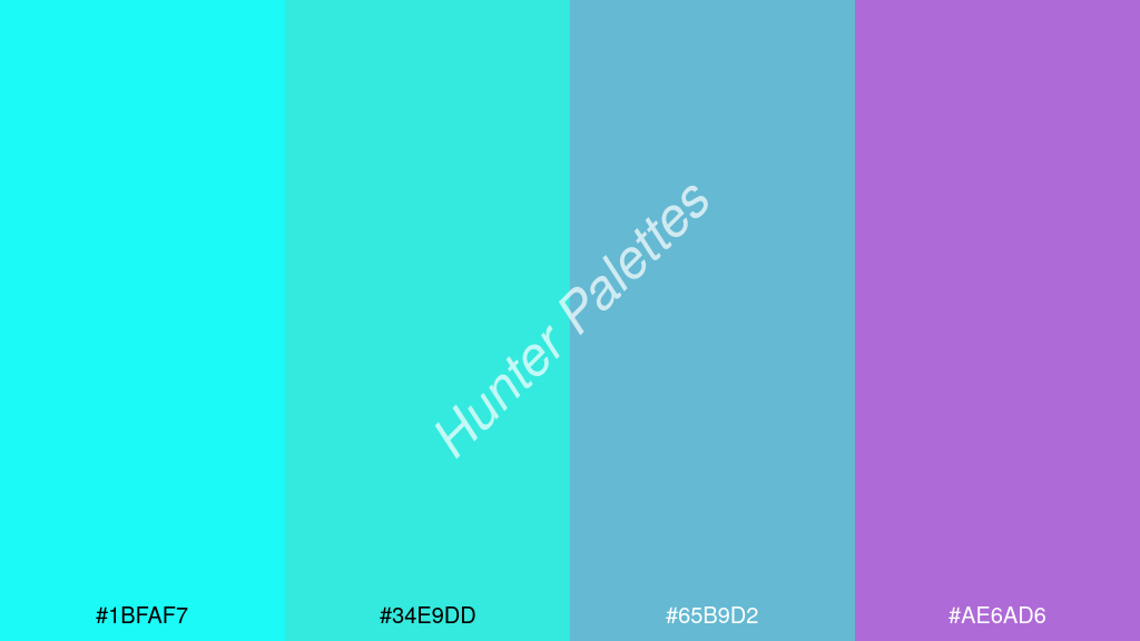 türkiz szín palettája a következőkkel: #1bfaf7 #34e9dd #65b9d2 #ae6ad6