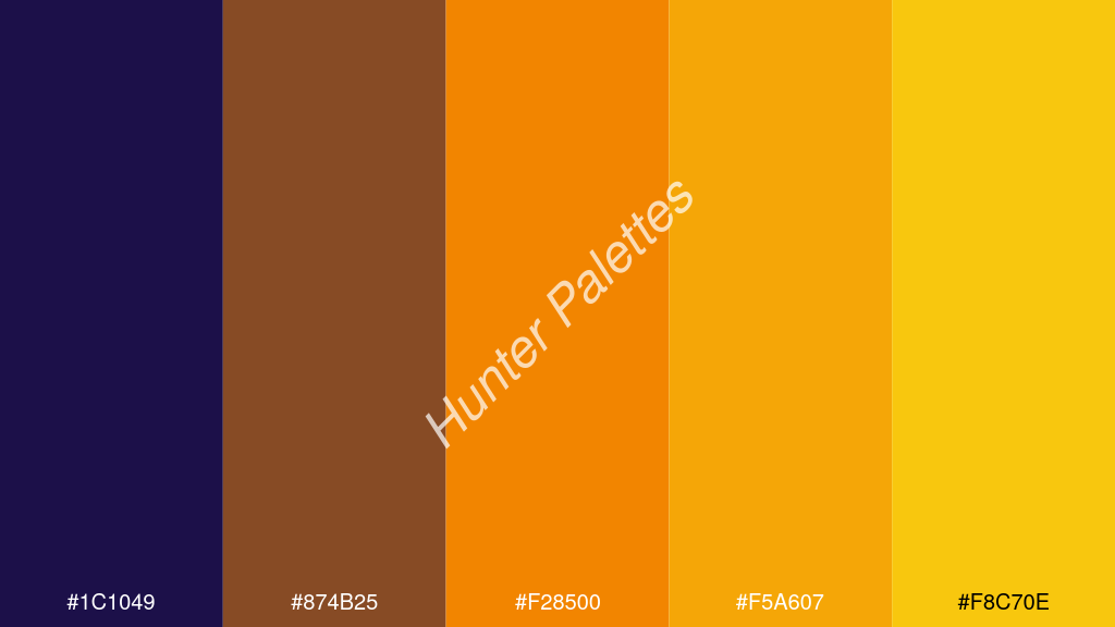 mandarin szín palettája a következőkkel: #1c1049 #874b25 #f28500 #f5a607 #f8c70e