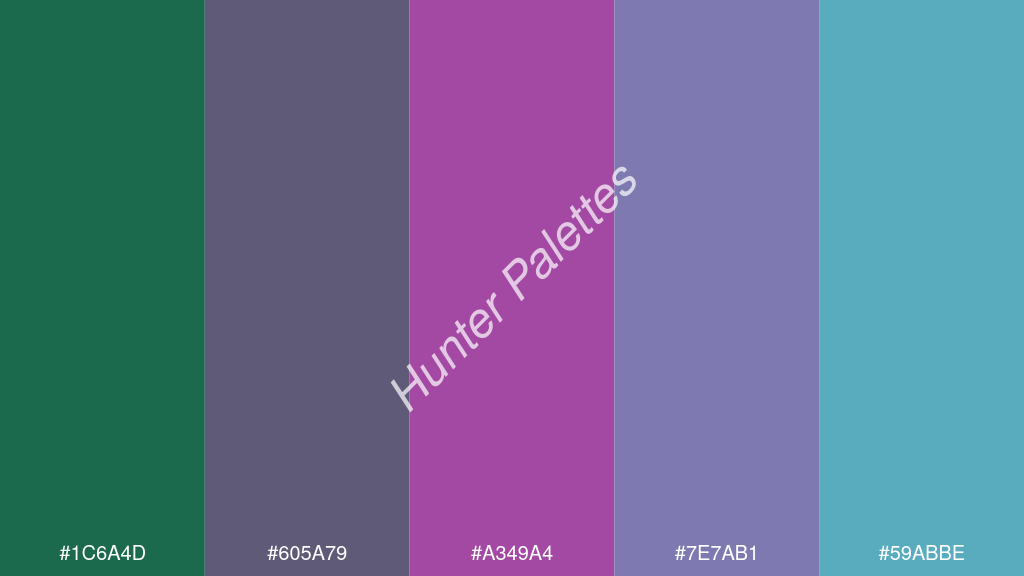 lila szín palettája a következőkkel: #1c6a4d #605a79 #a349a4 #7e7ab1 #59abbe