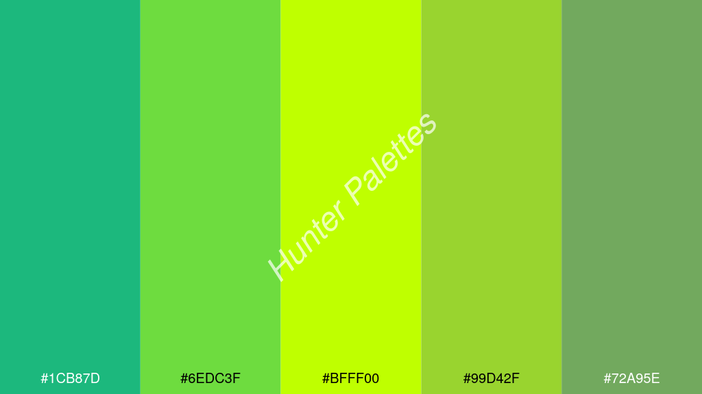 limezöld szín palettája a következőkkel: #1cb87d #6edc3f #bfff00 #99d42f #72a95e
