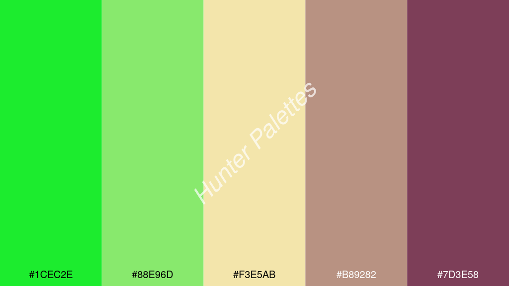 vanília szín palettája a következőkkel: #1cec2e #88e96d #f3e5ab #b89282 #7d3e58
