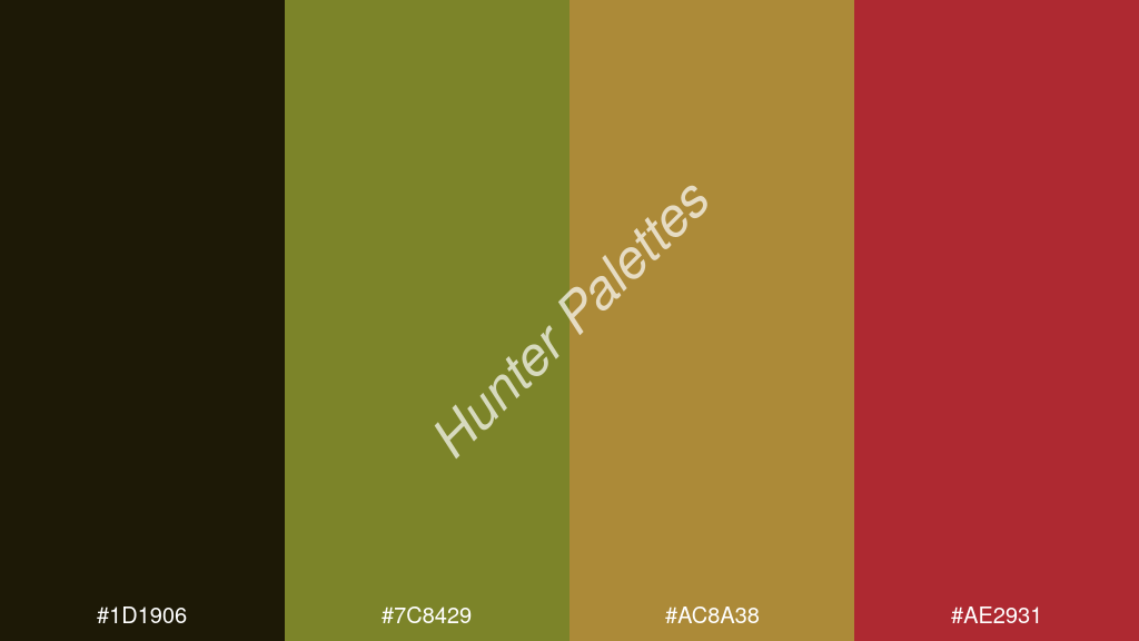 kivi szín palettája a következőkkel: #1d1906 #7c8429 #ac8a38 #ae2931