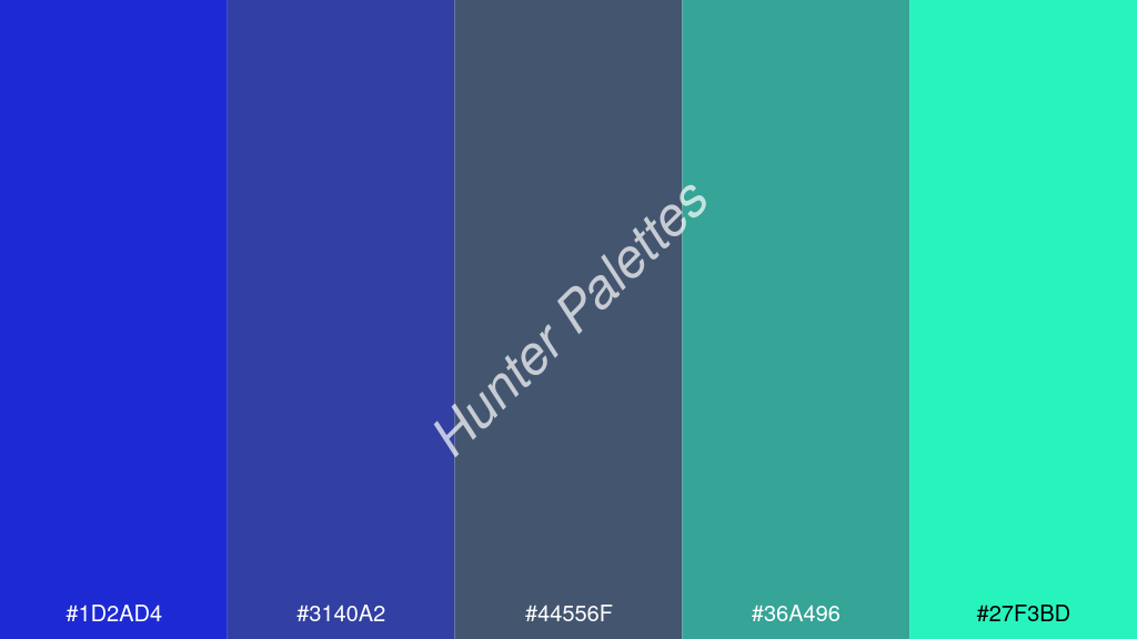 kékes szürke szín palettája a következőkkel: #1d2ad4 #3140a2 #44556f #36a496 #27f3bd