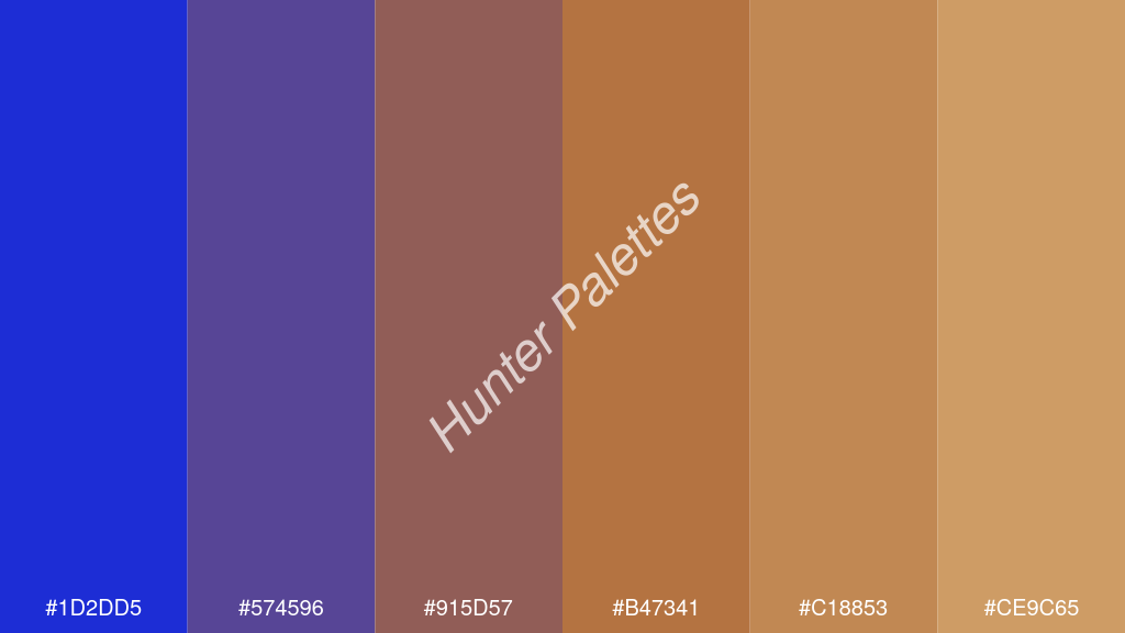 karamell szín palettája a következőkkel: #1d2dd5 #574596 #915d57 #b47341 #c18853 #ce9c65