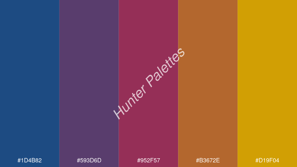 cseresznye szín palettája a következőkkel: #1d4b82 #593d6d #952f57 #b3672e #d19f04