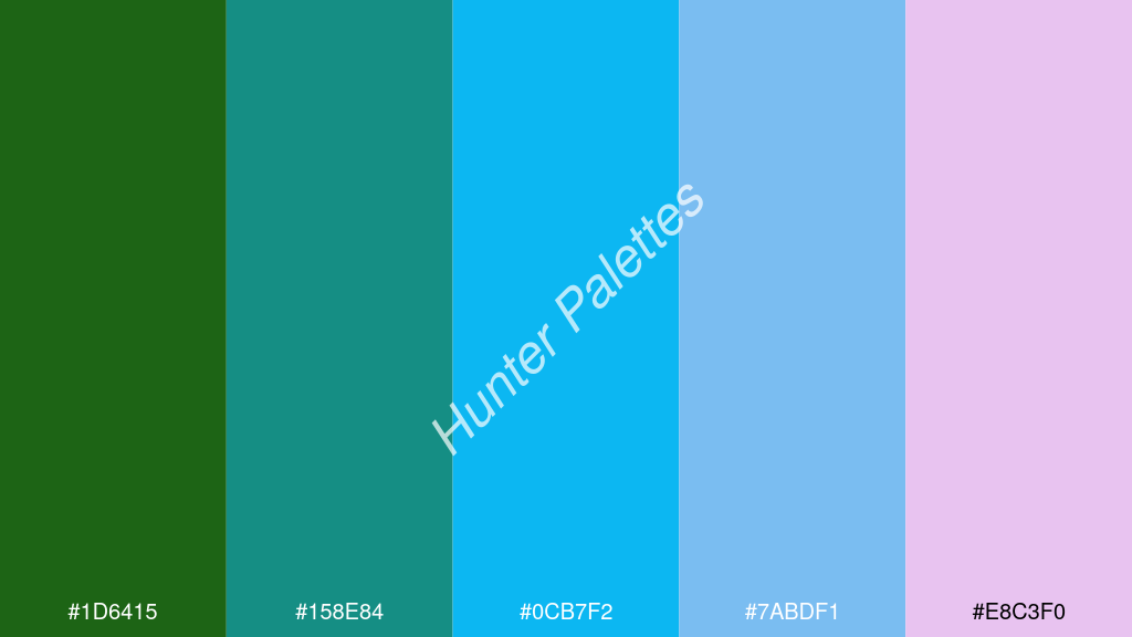 égszínkék szín palettája a következőkkel: #1d6415 #158e84 #0cb7f2 #7abdf1 #e8c3f0