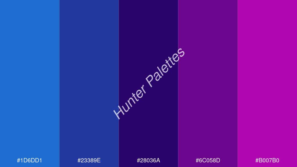 Francia kék szín palettája a következőkkel: #1d6dd1 #23389e #28036a #6c058d #b007b0