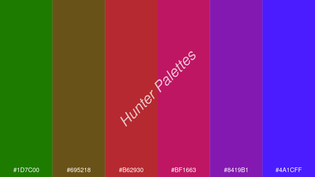bíbor szín palettája a következőkkel: #1d7c00 #695218 #b62930 #bf1663 #8419b1 #4a1cff