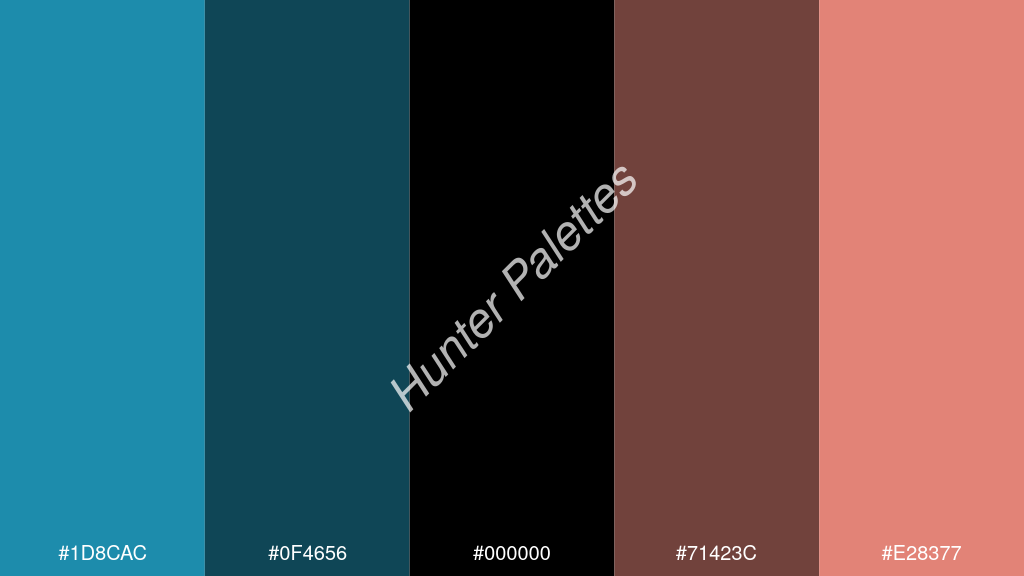 fekete szín palettája a következőkkel: #1d8cac #0f4656 #000000 #71423c #e28377