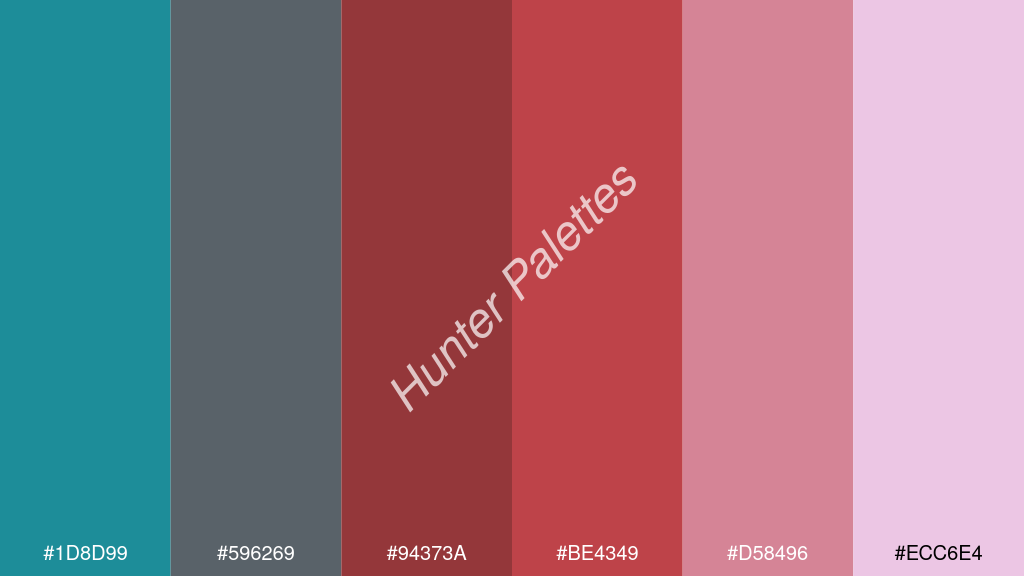 tégla szín palettája a következőkkel: #1d8d99 #596269 #94373a #be4349 #d58496 #ecc6e4