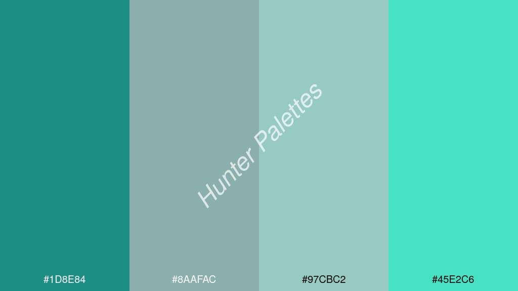ezüstszürke szín palettája a következőkkel: #1d8e84 #8aafac #97cbc2 #45e2c6