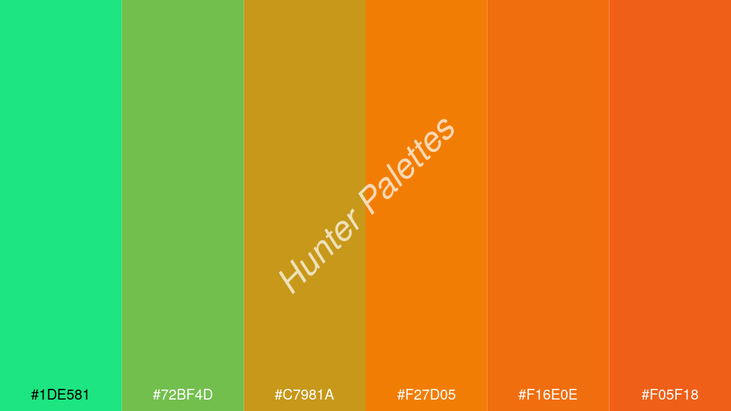 mandarin szín palettája a következőkkel: #1de581 #72bf4d #c7981a #f27d05 #f16e0e #f05f18