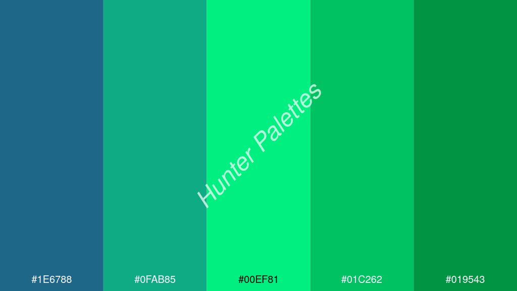 foszforeszkáló zöld szín palettája a következőkkel: #1e6788 #0fab85 #00ef81 #01c262 #019543