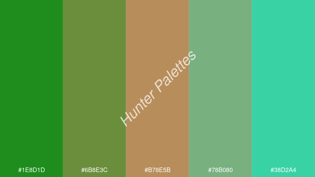 kalua szín palettája a következőkkel: #1e8d1d #6b8e3c #b78e5b #78b080 #38d2a4