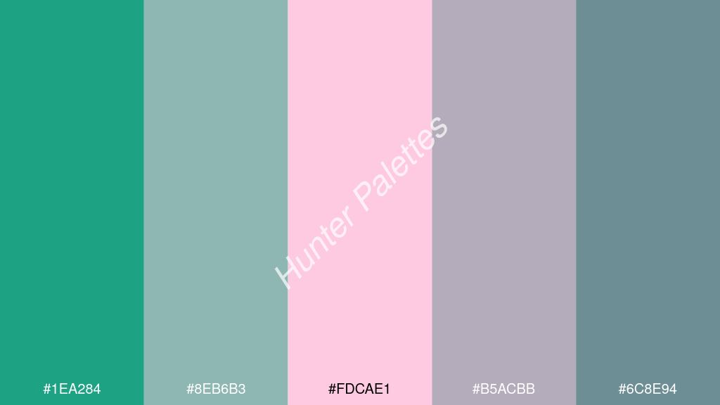 pasztell rózsaszín szín palettája a következőkkel: #1ea284 #8eb6b3 #fdcae1 #b5acbb #6c8e94