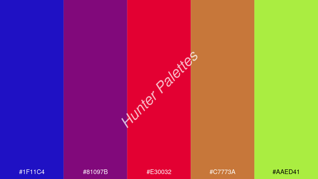skarlát szín palettája a következőkkel: #1f11c4 #81097b #e30032 #c7773a #aaed41