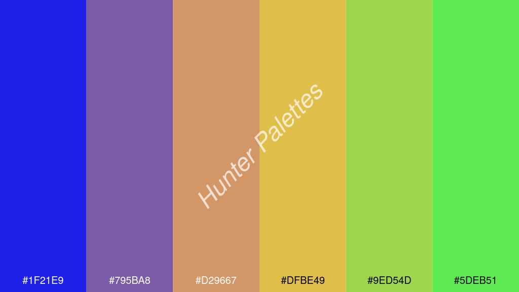pasztell narancssárga szín palettája a következőkkel: #1f21e9 #795ba8 #d29667 #dfbe49 #9ed54d #5deb51