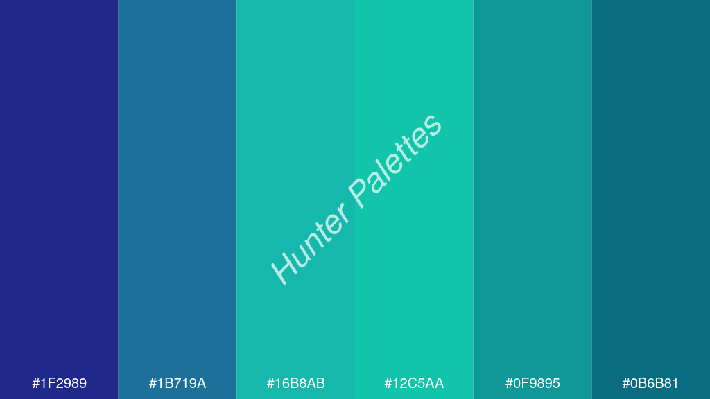 karibi zöld szín palettája a következőkkel: #1f2989 #1b719a #16b8ab #12c5aa #0f9895 #0b6b81