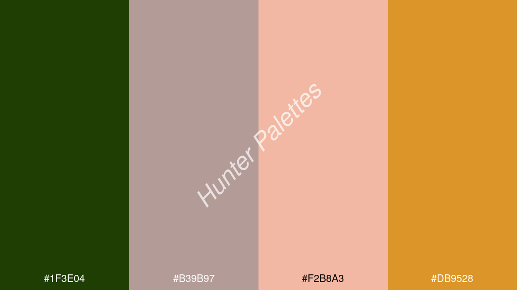 pasztell rózsaszín szín palettája a következőkkel: #1f3e04 #b39b97 #f2b8a3 #db9528