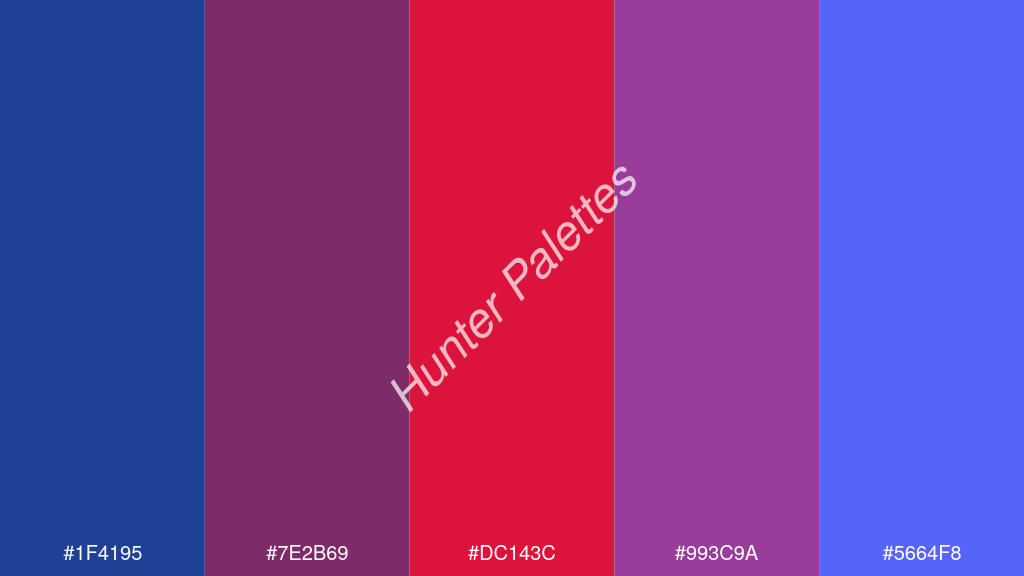 bíbor szín palettája a következőkkel: #1f4195 #7e2b69 #dc143c #993c9a #5664f8
