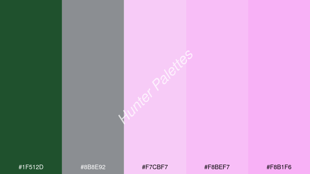 világos rózsaszín szín palettája a következőkkel: #1f512d #8b8e92 #f7cbf7 #f8bef7 #f8b1f6