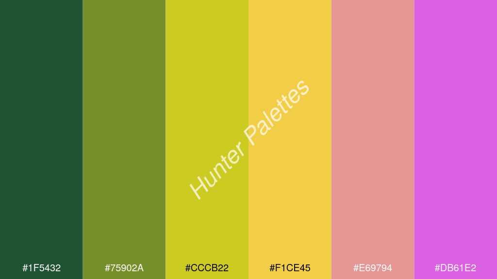 kanárisárga szín palettája a következőkkel: #1f5432 #75902a #cccb22 #f1ce45 #e69794 #db61e2