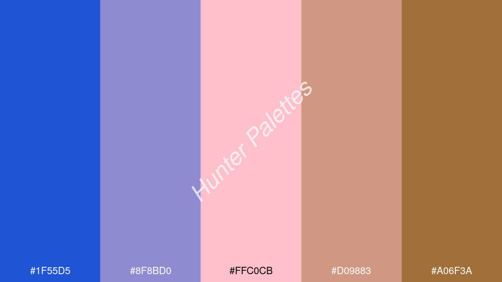 rózsaszín szín palettája a következőkkel: #1f55d5 #8f8bd0 #ffc0cb #d09883 #a06f3a