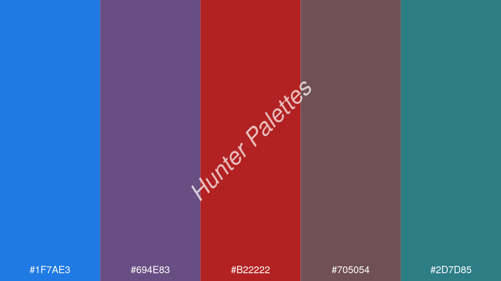 tégla szín palettája a következőkkel: #1f7ae3 #694e83 #b22222 #705054 #2d7d85