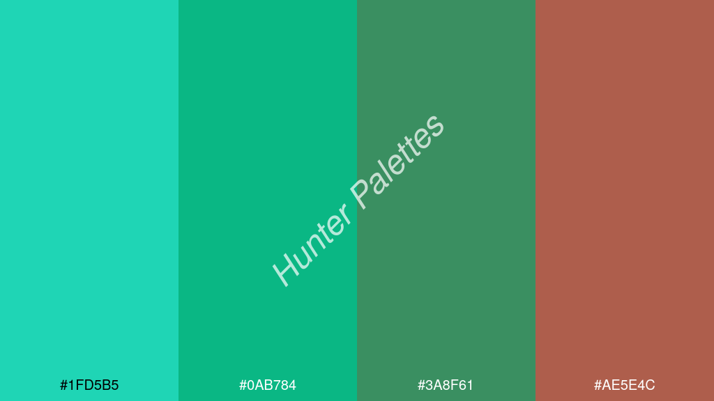 jáde szín palettája a következőkkel: #1fd5b5 #0ab784 #3a8f61 #ae5e4c