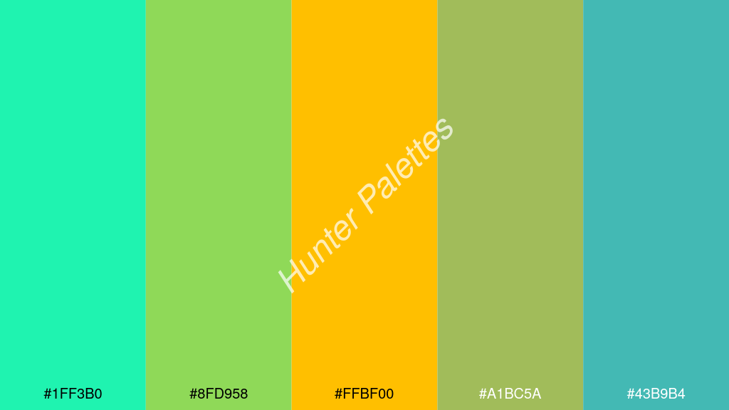 borostyán szín palettája a következőkkel: #1ff3b0 #8fd958 #ffbf00 #a1bc5a #43b9b4
