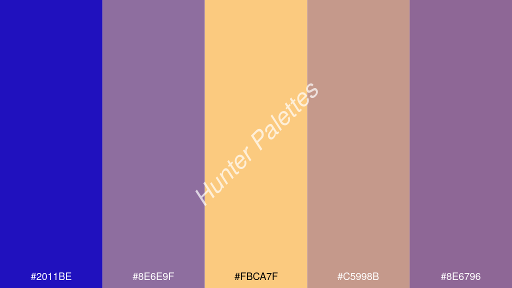 dinnye szín palettája a következőkkel: #2011be #8e6e9f #fbca7f #c5998b #8e6796