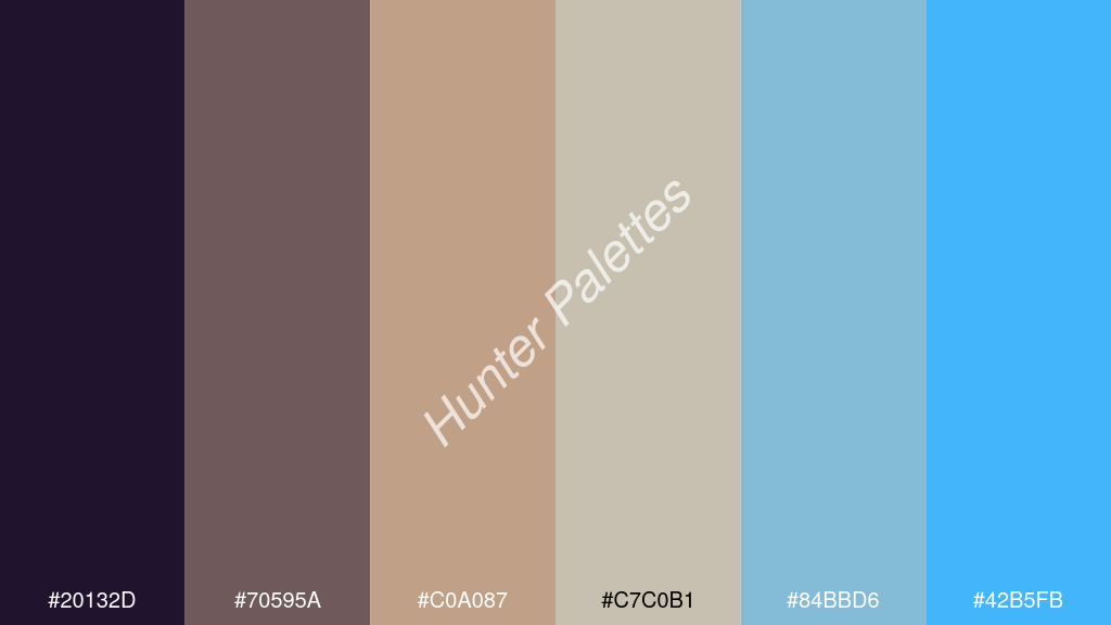 bézs szín palettája a következőkkel: #20132d #70595a #c0a087 #c7c0b1 #84bbd6 #42b5fb