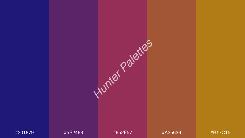 cseresznye szín palettája a következőkkel: #201879 #5b2468 #952f57 #a35636 #b17c15