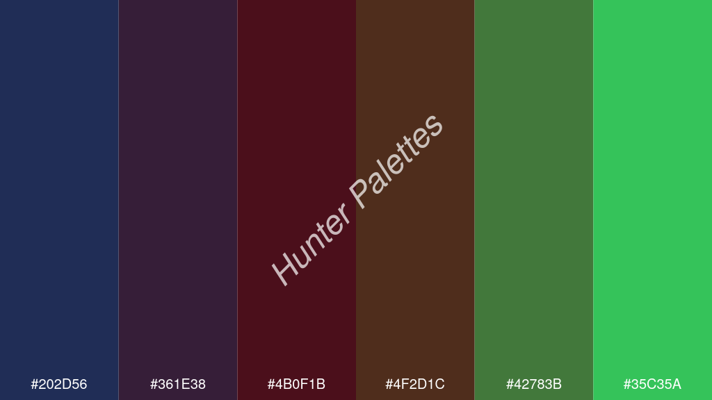 bor szín palettája a következőkkel: #202d56 #361e38 #4b0f1b #4f2d1c #42783b #35c35a
