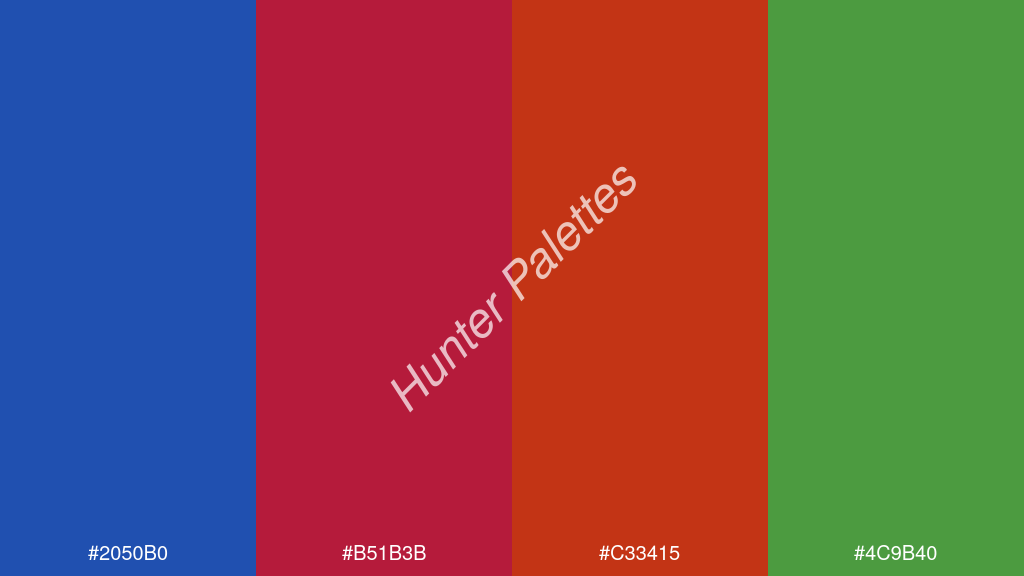 vörös szín palettája a következőkkel: #2050b0 #b51b3b #c33415 #4c9b40