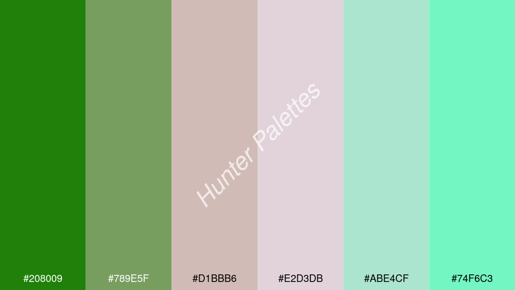 pasztell rózsaszín szín palettája a következőkkel: #208009 #789e5f #d1bbb6 #e2d3db #abe4cf #74f6c3