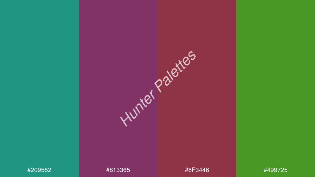 élénk rózsaszín szín palettája a következőkkel: #209582 #813365 #8f3446 #499725