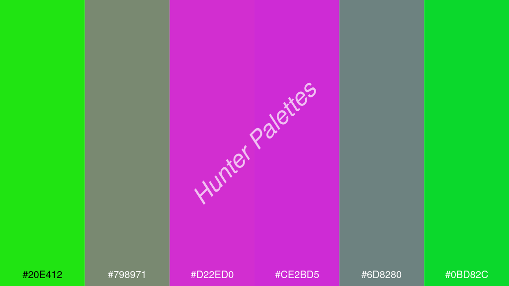 magenta szín palettája a következőkkel: #20e412 #798971 #d22ed0 #ce2bd5 #6d8280 #0bd82c