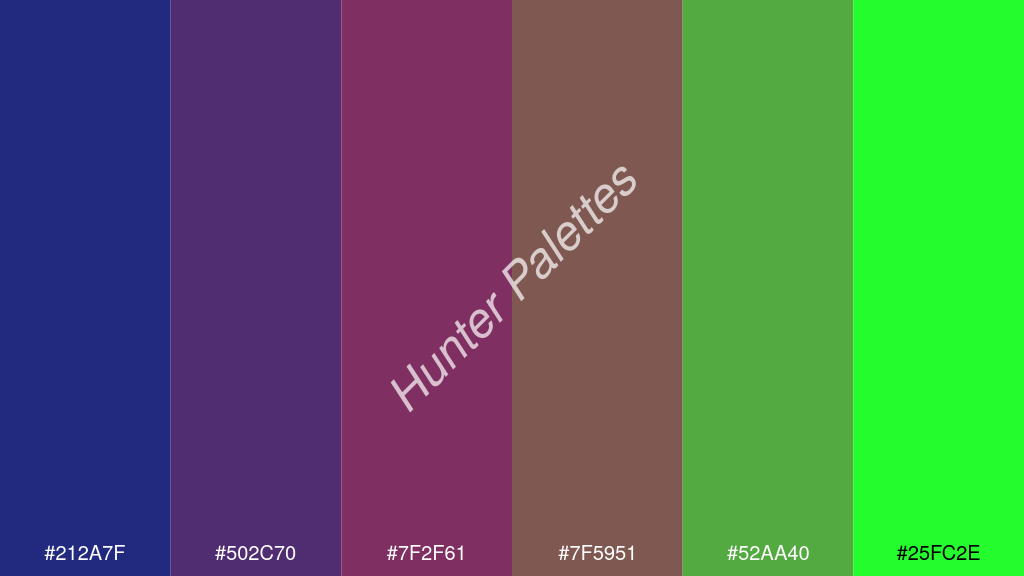 bordó szín palettája a következőkkel: #212a7f #502c70 #7f2f61 #7f5951 #52aa40 #25fc2e
