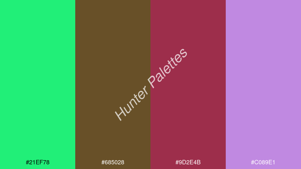 sötétvörös szín palettája a következőkkel: #21ef78 #685028 #9d2e4b #c089e1
