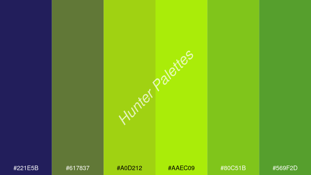limezöld szín palettája a következőkkel: #221e5b #617837 #a0d212 #aaec09 #80c51b #569f2d