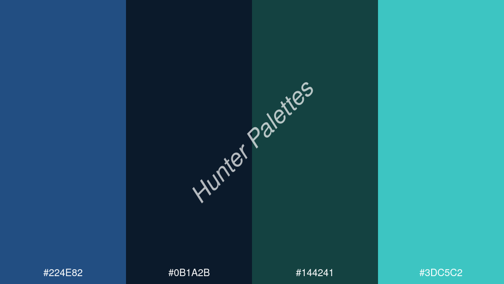 fekete szín palettája a következőkkel: #224e82 #0b1a2b #144241 #3dc5c2